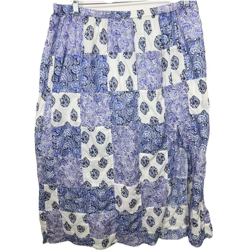 J Crew Blue White Patchwork Skirt XL Cotton Block Print Boho Cottagecore